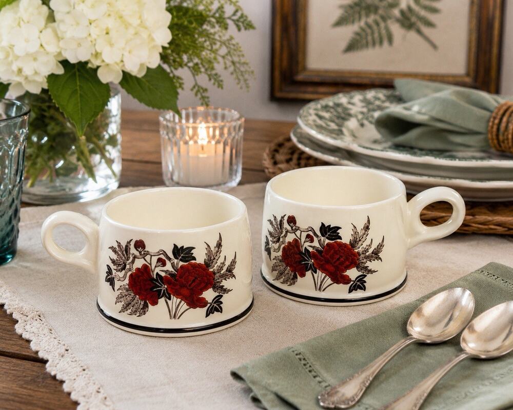 Vintage Wedgwood Peony Flat Tea Cups Set of 2 England Oven to Table Floral Mugs